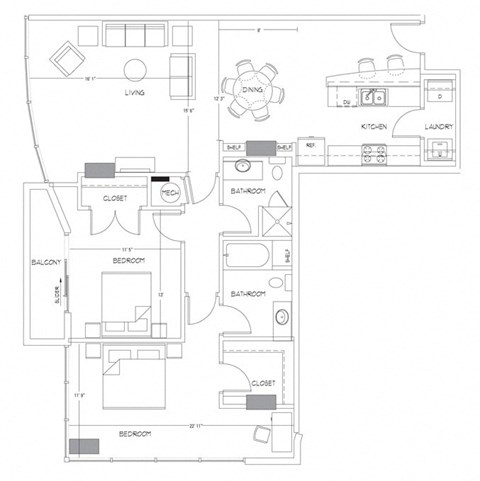 Floor plan for 2 beds, 2 baths, 1369 sqft